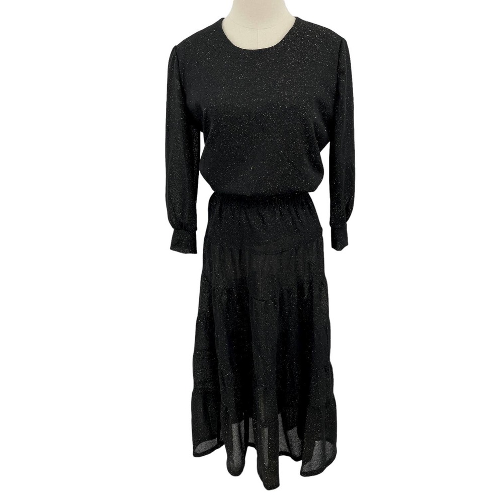 Vintage 70s Black and Gold Skirt Shirt Set Metallic Semi Sheer Home Made Size S